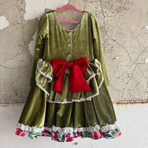 Be Girl Holiday Dress Green Velvet Ruffled Lace Red Bow Christmas Twirl Girls 6